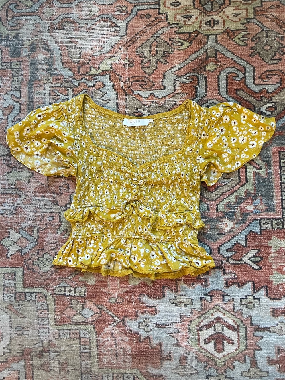 Astr Mustard Floral Smocked Puff Sleeve Top